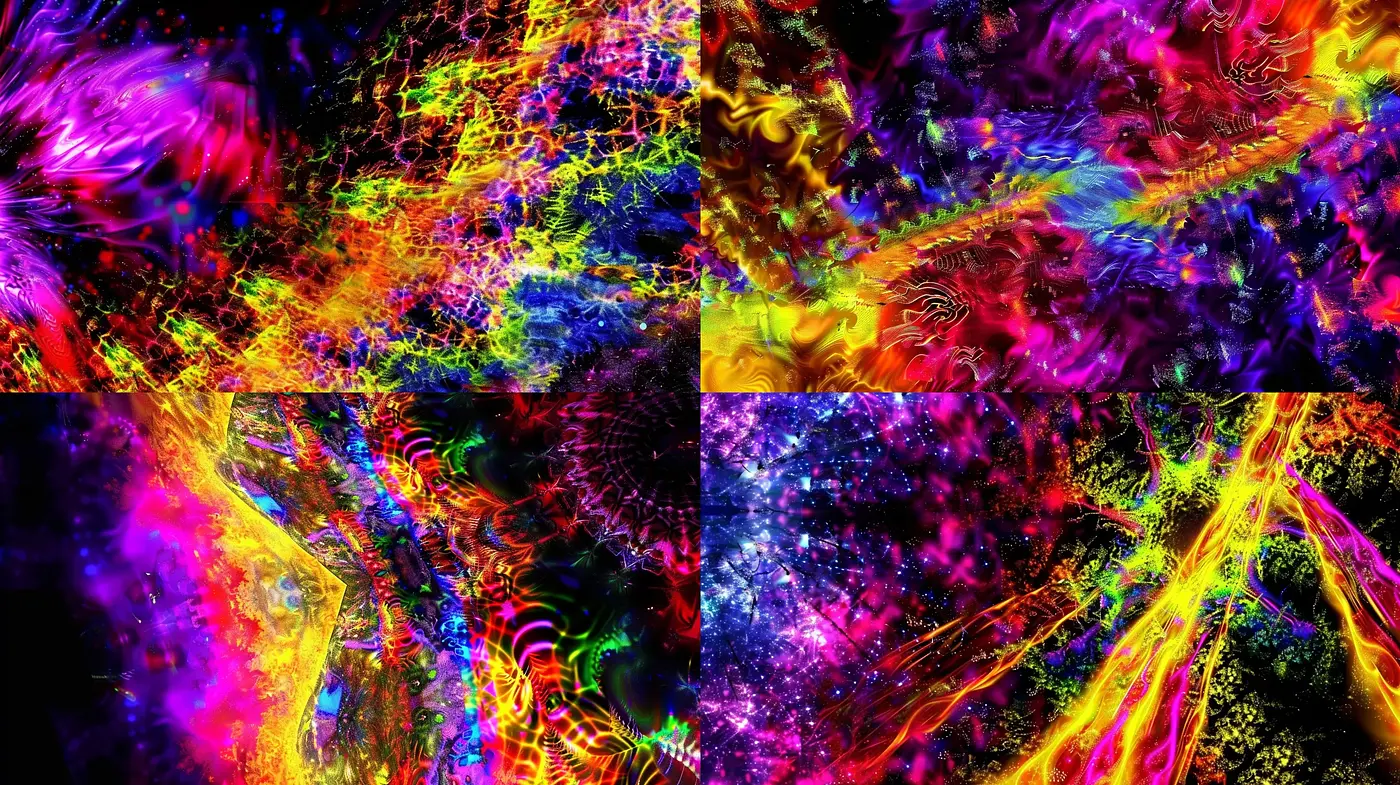 Psychedelic Intensity: A Fusion of Vivid Colors and Abstract Expressions - Midjourney sref style