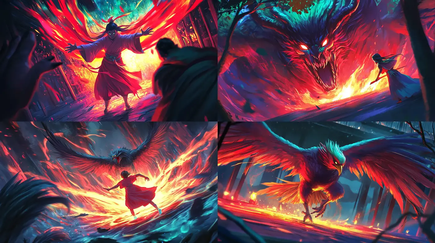 Dynamic Ethereal Conflict in Vivid Hues - Midjourney sref style