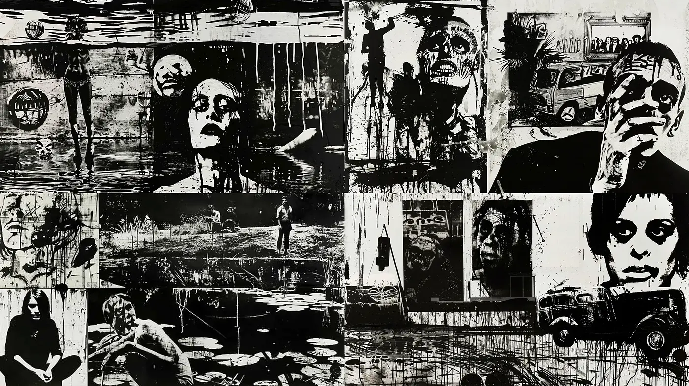 Monochromatic Grunge Tapestry: Echoes of Darkroom Aesthetics and Abstract Expressionism - Midjourney sref style