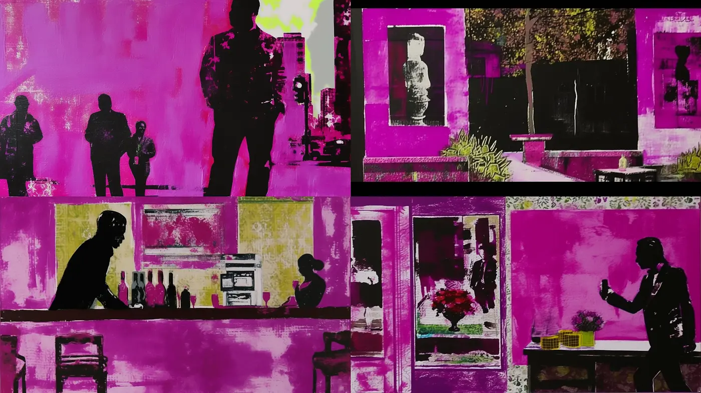 Vibrant Magenta Contrasts with Dark Silhouettes in Expressive Tableaux - Midjourney sref style