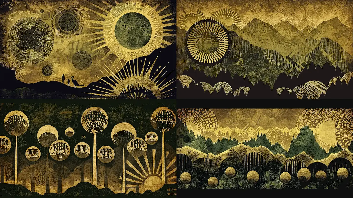 Mystical Landscapes with Geometric Patterns and Earthy Tones - Midjourney sref style