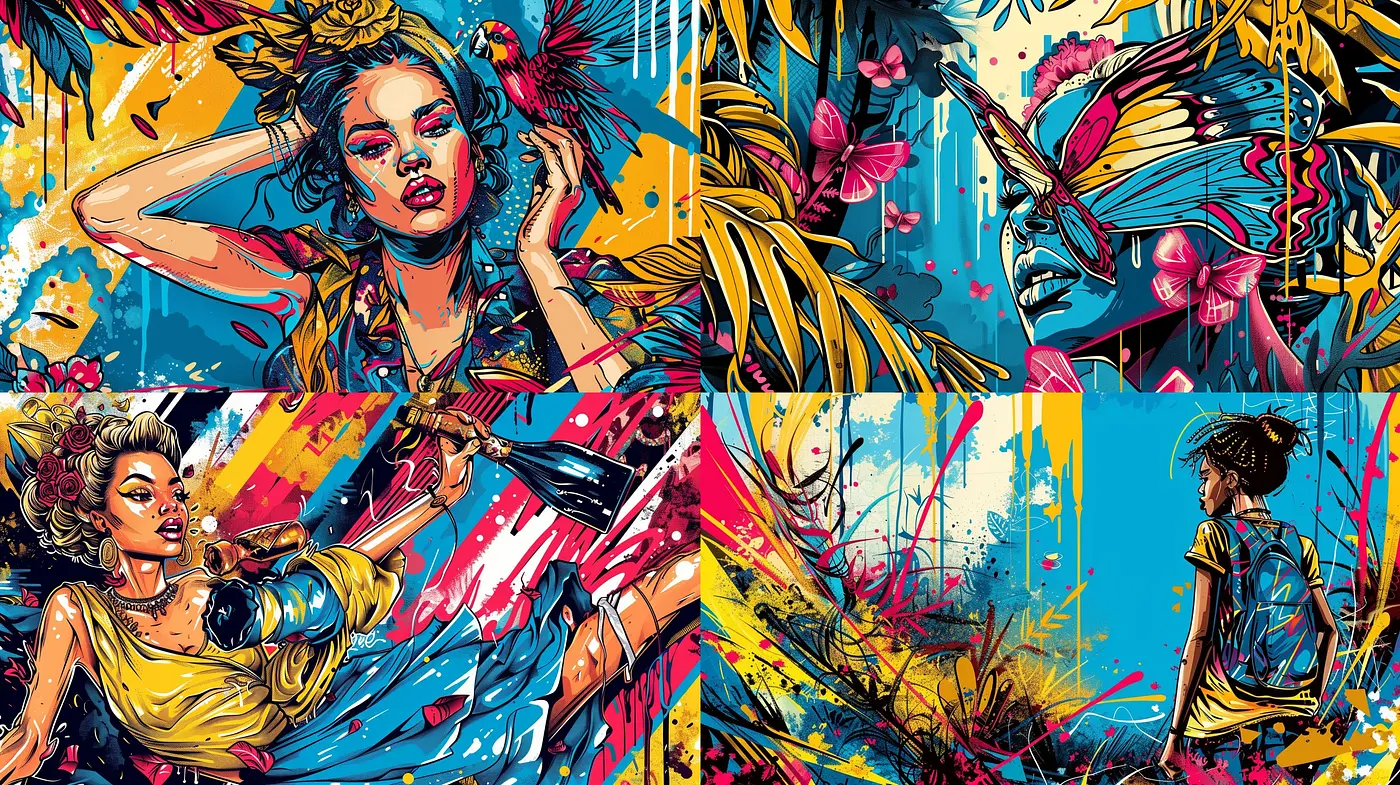 Vibrant Graffiti-Inspired Collage with Expressive Line Work and Dynamic Compositions - Midjourney sref style