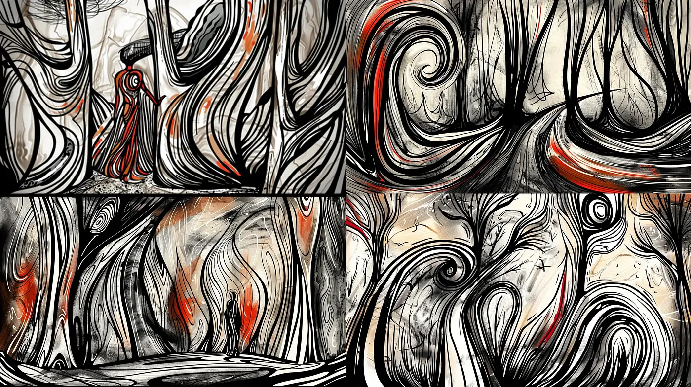 Surrealist Whimsy with Ink Swirl Motifs and Pops of Fire - Midjourney sref style