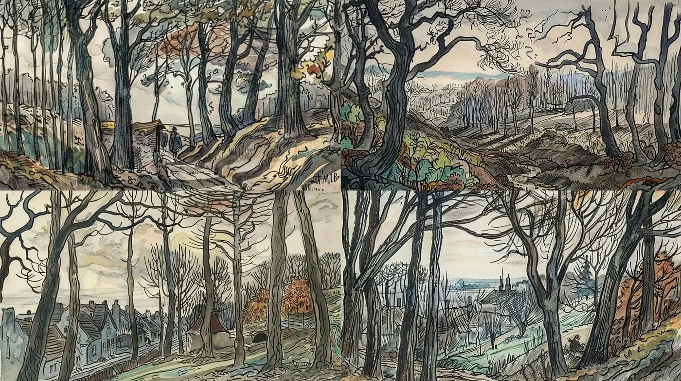 Consistent Crosshatched Illustration Style with Earthy Tones and Stylized Nature - Midjourney sref style