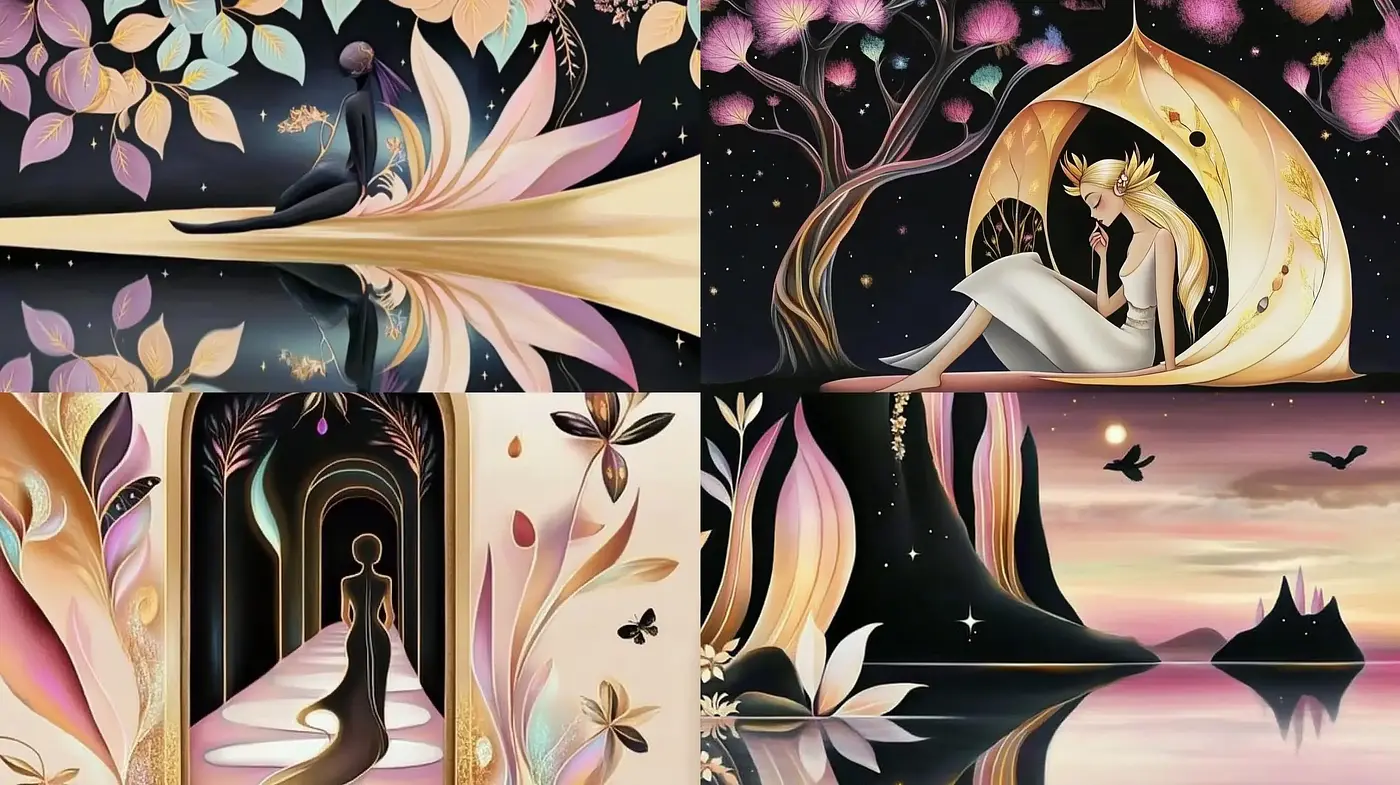 Enigmatic Fantasy with Art Nouveau Elegance and Starlit Chromatic Harmony - Midjourney sref style