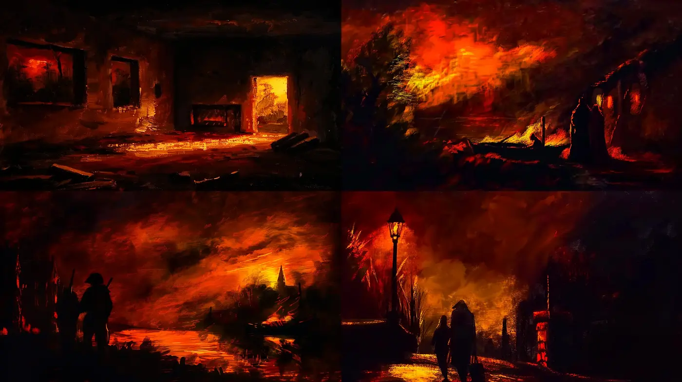 Embers of Twilight: A Mosaic of Fiery Hues and Impressionistic Forms - Midjourney sref style