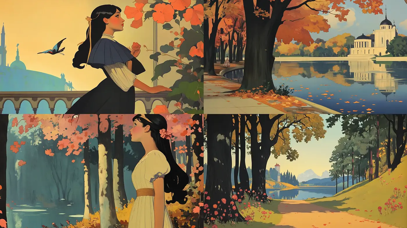 Idyllic Serenity in Stylized Vintage Seasonal Scapes - Midjourney sref style