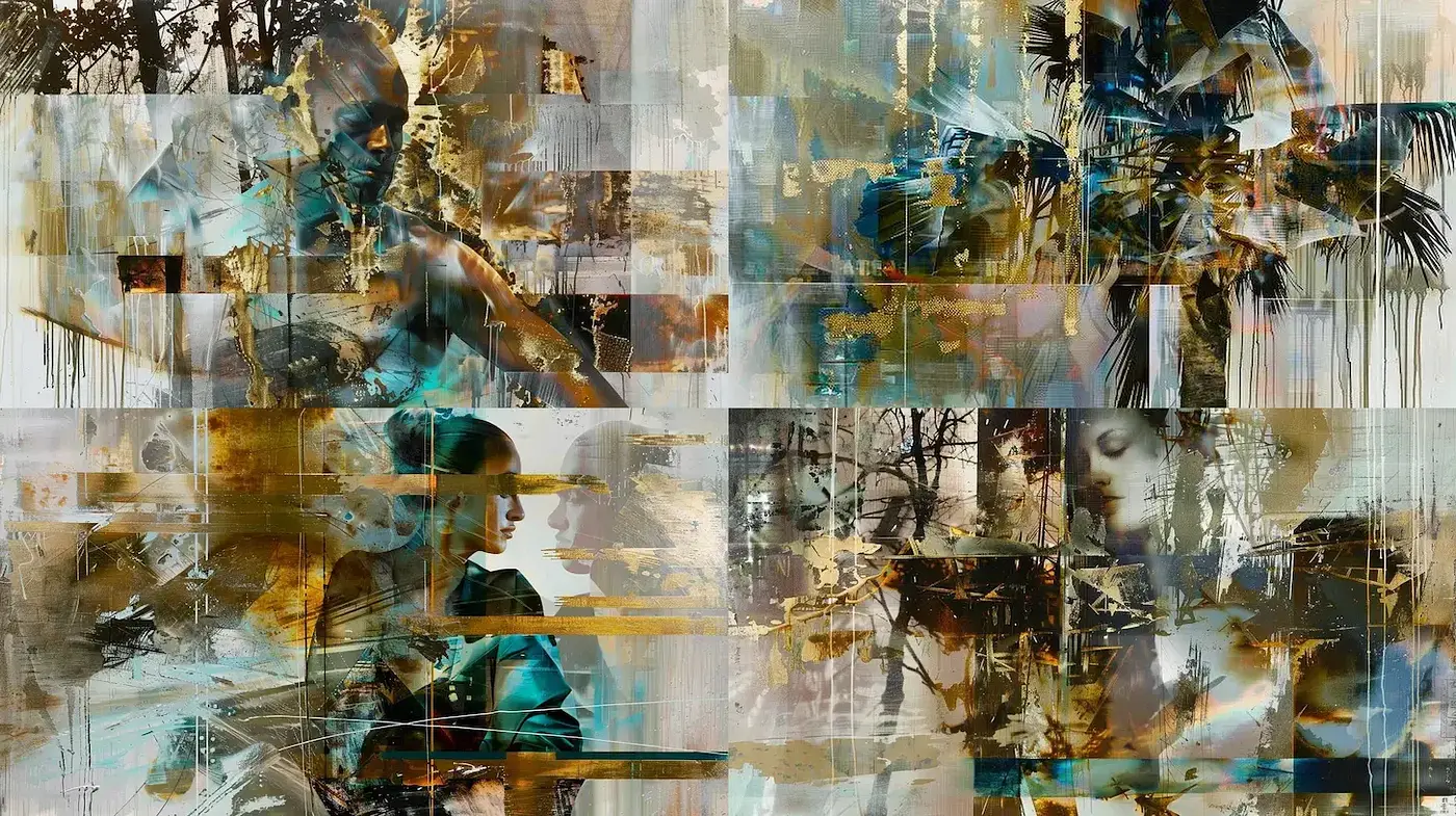 Abstract Dystopian Collage with Dark Tonal Overlay - Midjourney sref style