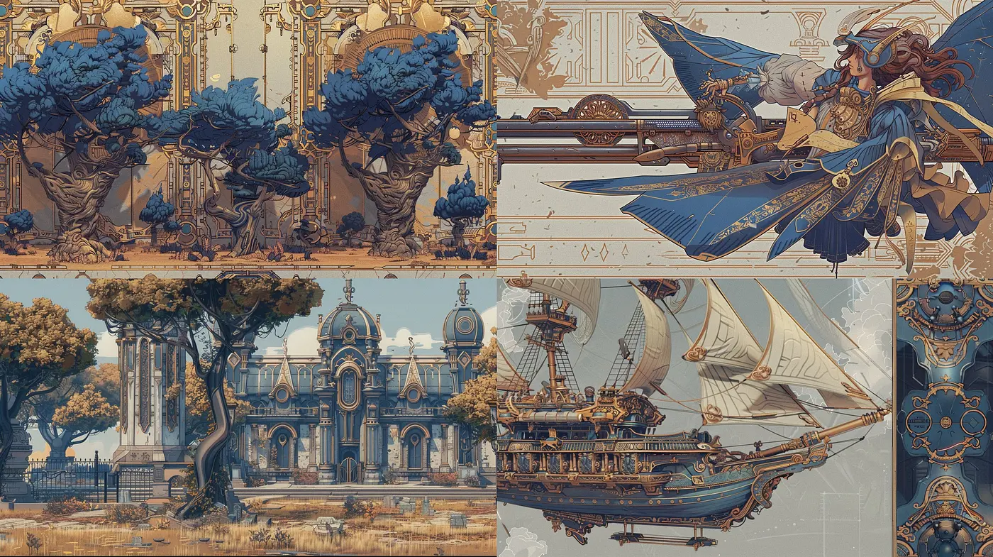 Opulent Azure and Gold Visions: A Nostalgic Journey Through Stylized Elegance - Midjourney sref style