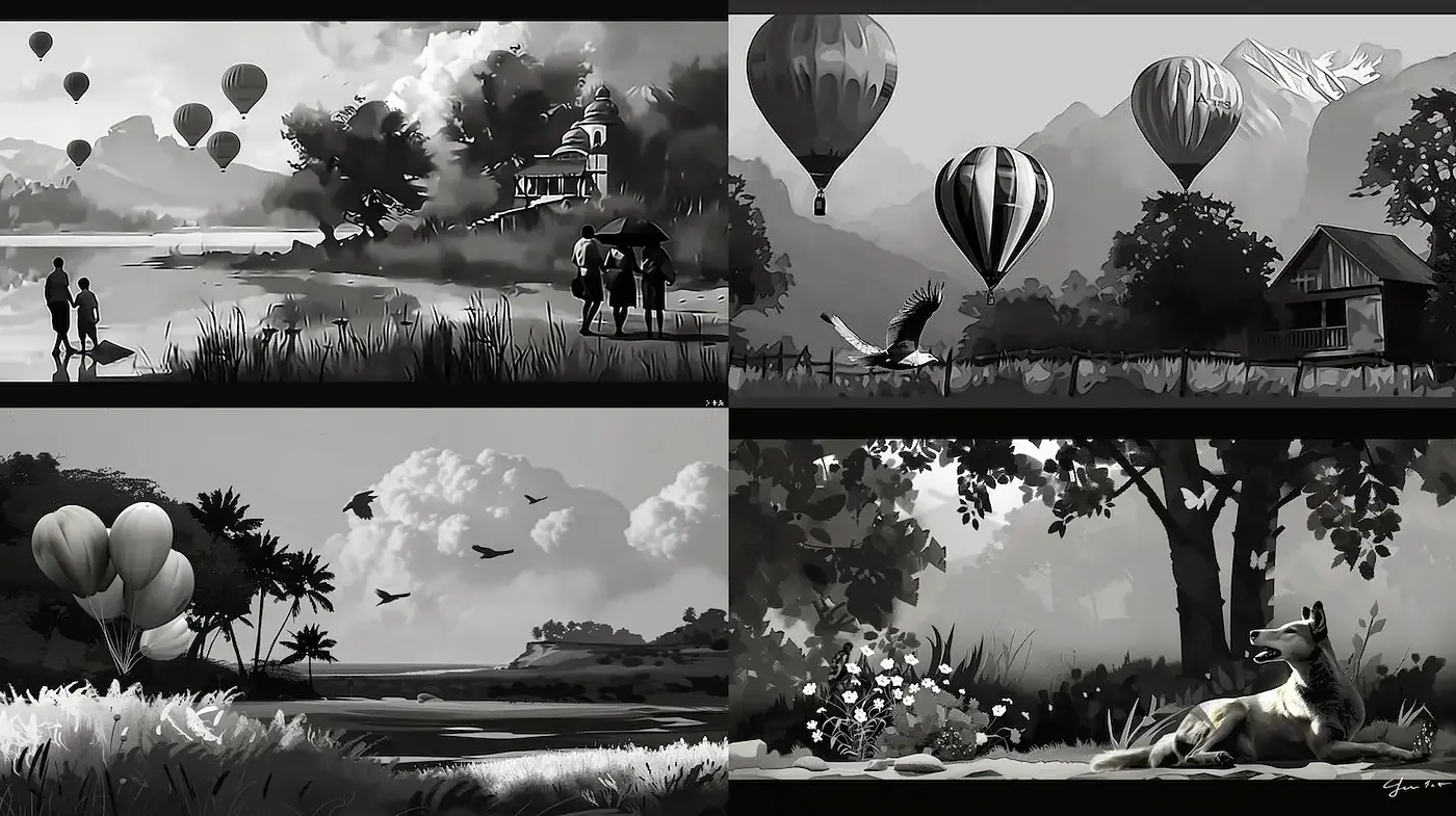 Monochromatic Landscapes with Whimsical Elements - Midjourney sref style
