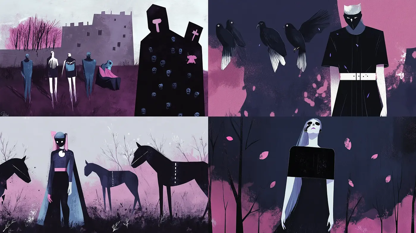 Ethereal Twilight Hues and Stylized Mysterious Figures - Midjourney sref style