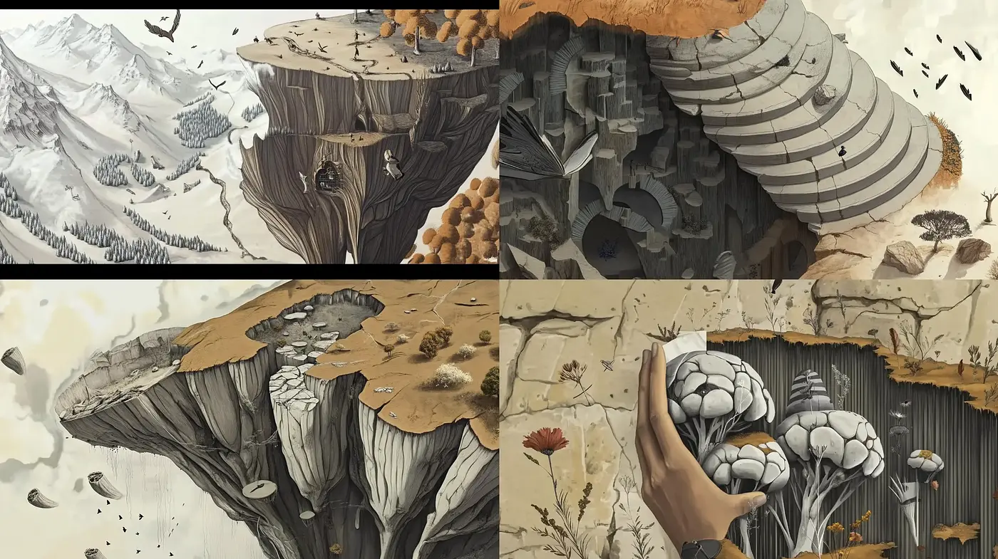 Earthen Hues and Stylized Nature: A Harmonious Blend of Surreal Landscapes and Organic Textures - Midjourney sref style