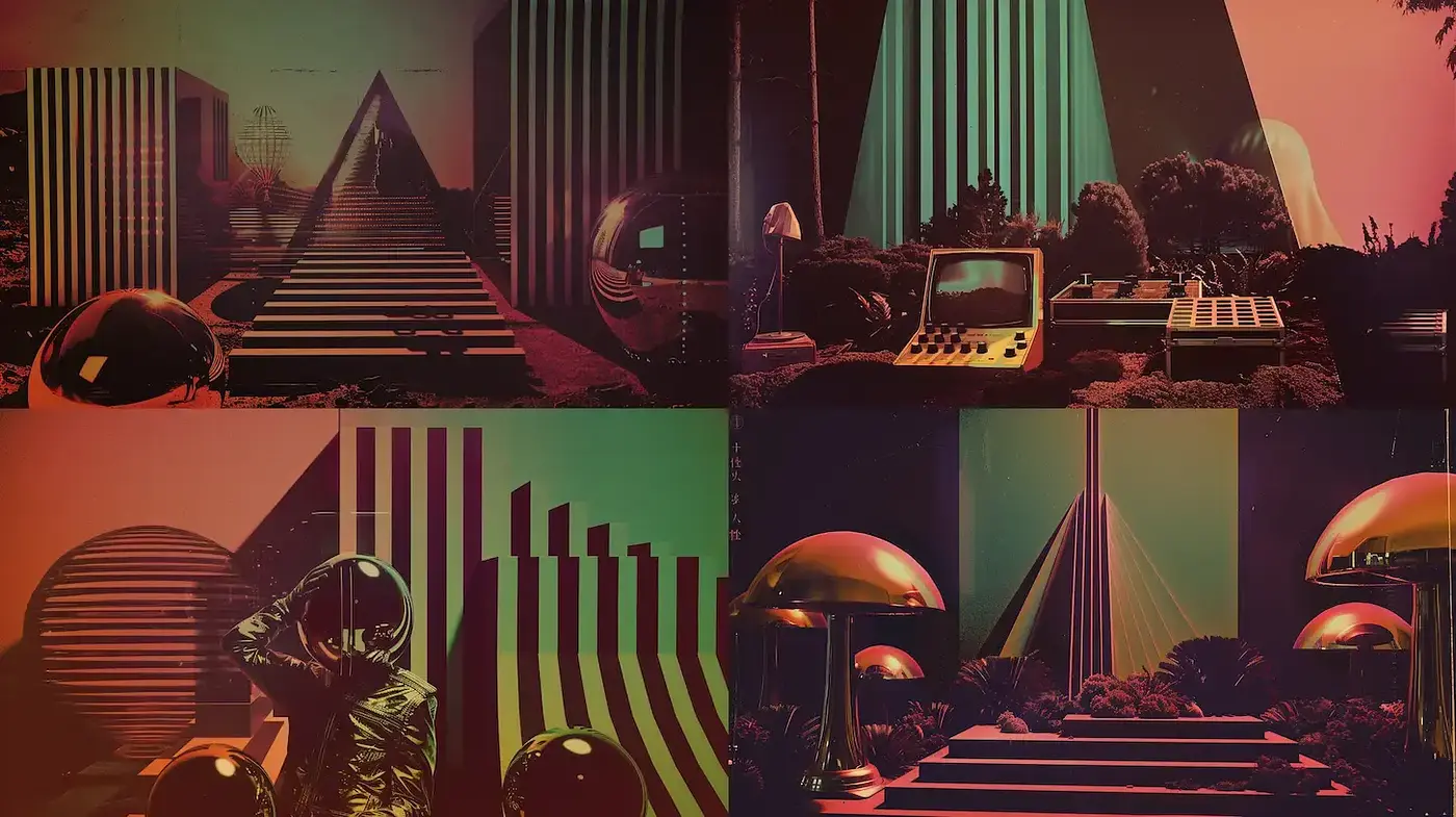 Futuristic and Retro Synthwave Aesthetics with Geometric Elements - Midjourney sref style