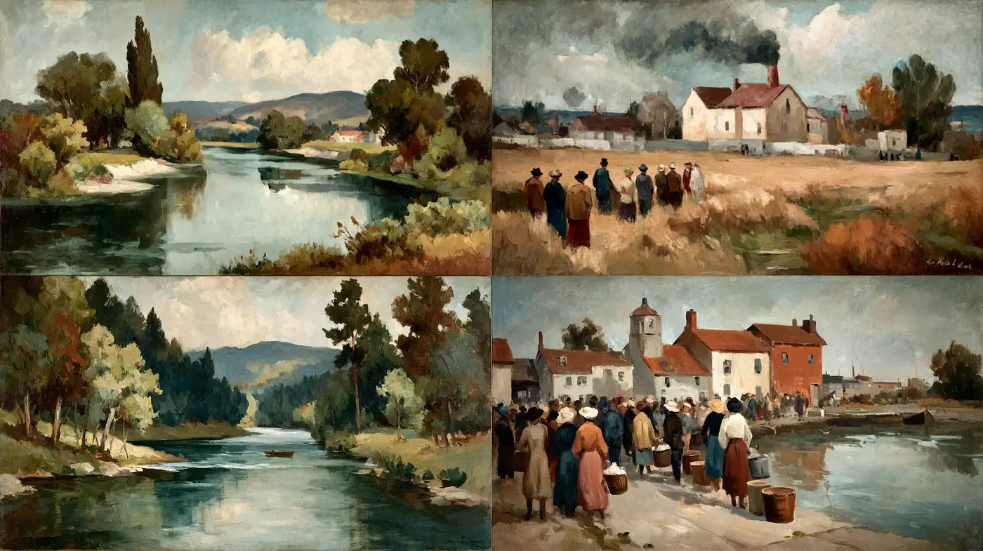 Serene Landscapes with Nostalgic Charm and Community Scenes - Midjourney sref style