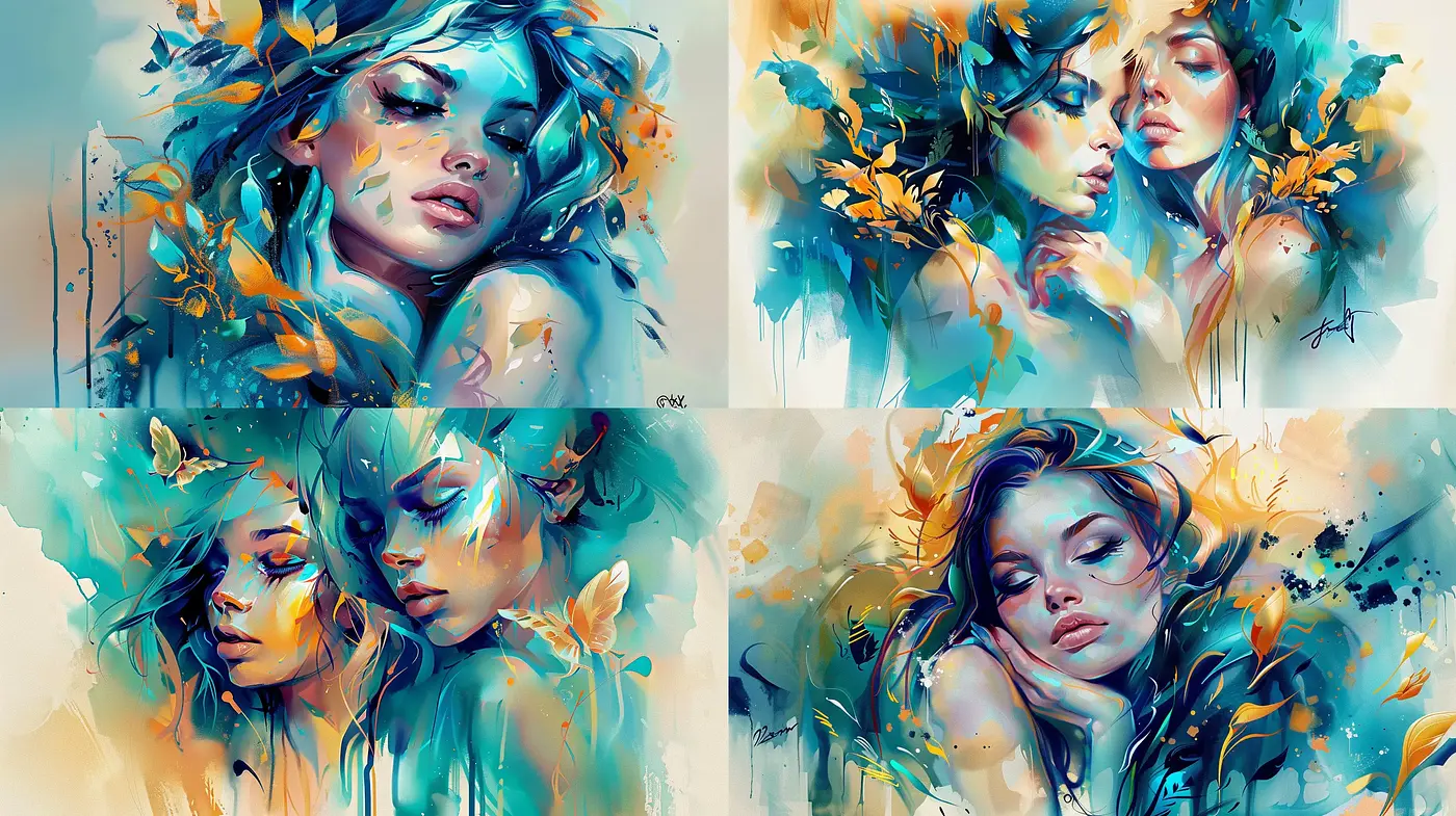 Ethereal Aqua and Amber Portraiture with Expressive Brushwork - Midjourney sref style