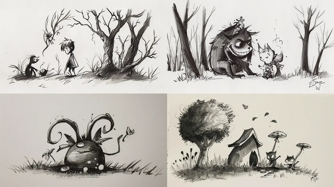 Monochromatic Whimsical Ink-Wash Adventure - Midjourney sref style