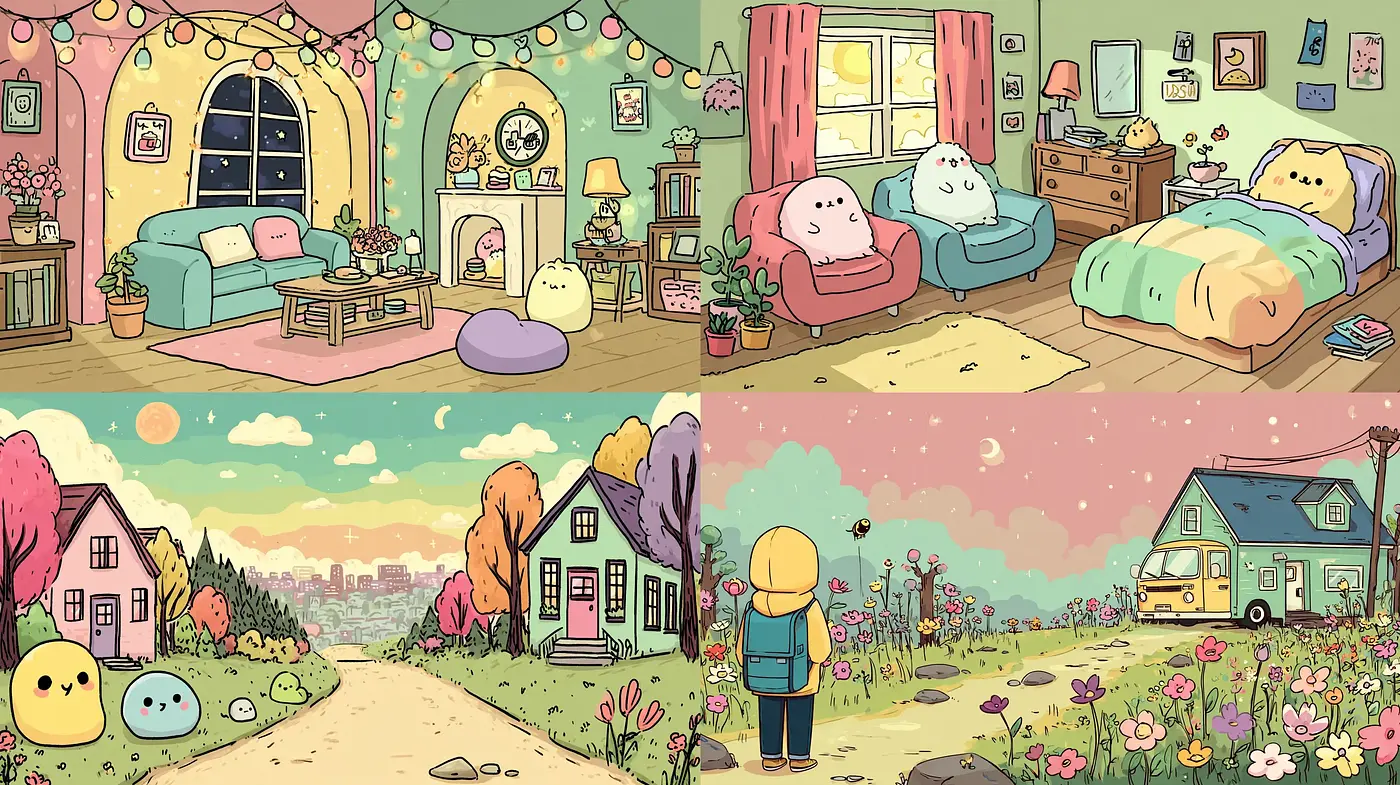 Whimsical, Cozy Environments with Playful Elements - Midjourney sref style