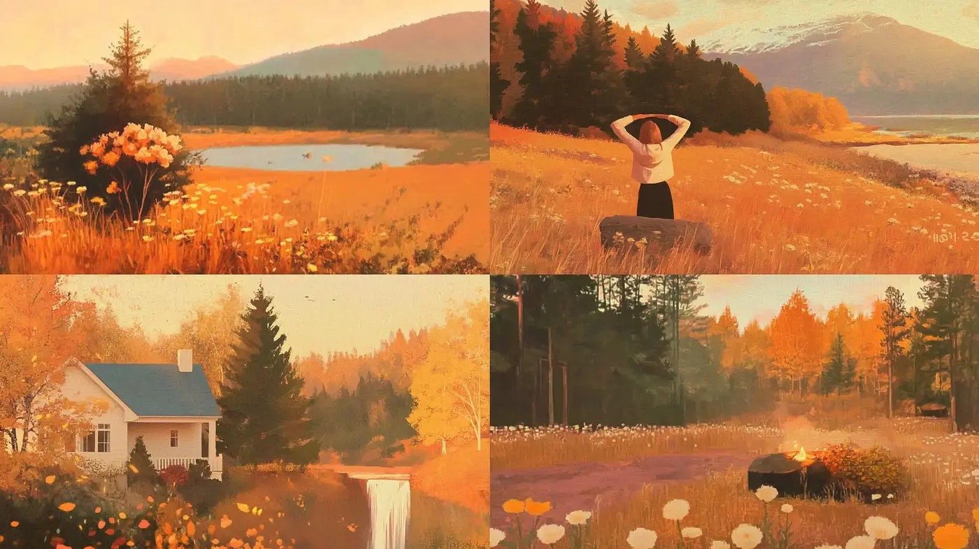 Autumnal Harmony: A Nostalgic Encounter with Nature's Warmth - Midjourney sref style