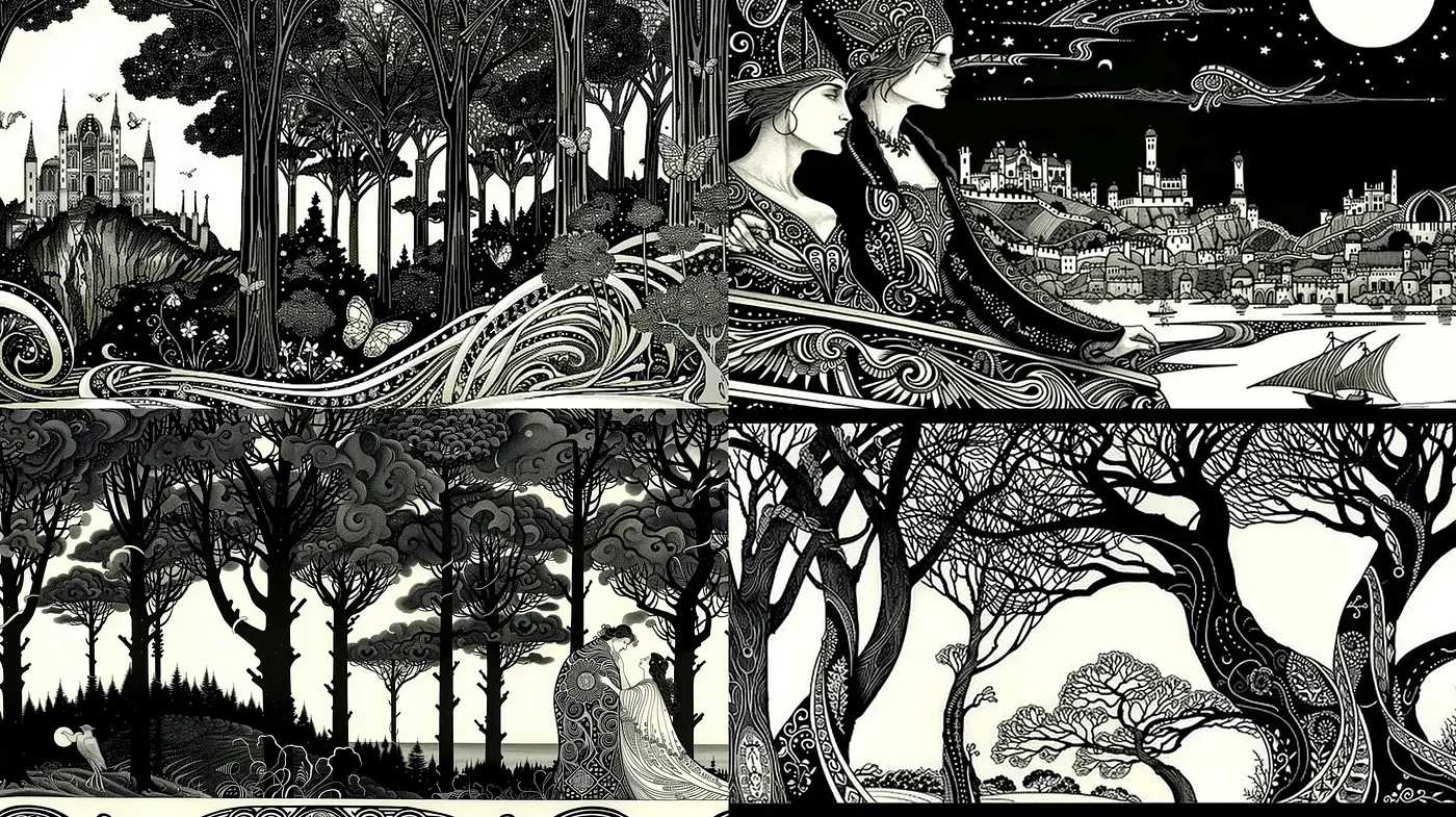 Monochromatic Nouveau Dreamscape Exploration - Midjourney sref style