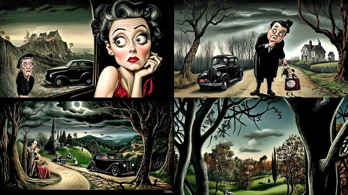 Whimsical Twilight: A Cinematic Caricature of Retro Surrealism - Midjourney sref style
