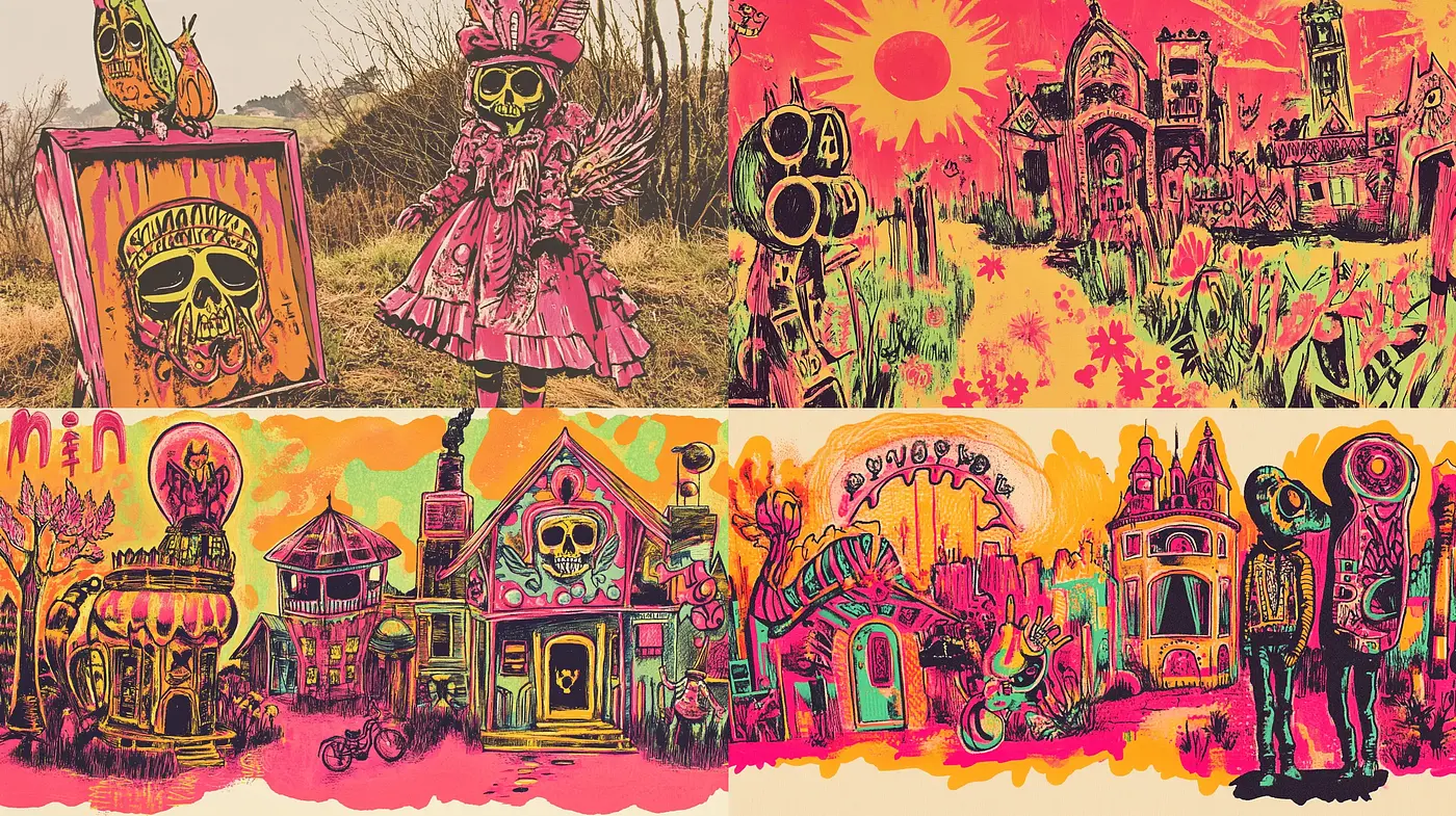Psychedelic Whimsy in Vivid Contrasts: A Retro-Futuristic Fusion - Midjourney sref style