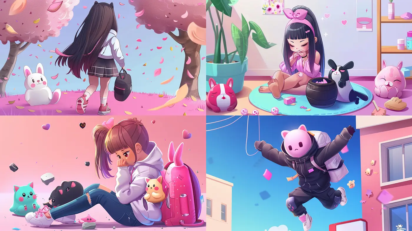 Whimsical Candy-Colored Dreamscape: A Fusion of Anime Influences with Soft Textures and Pastel Shades - Midjourney sref style