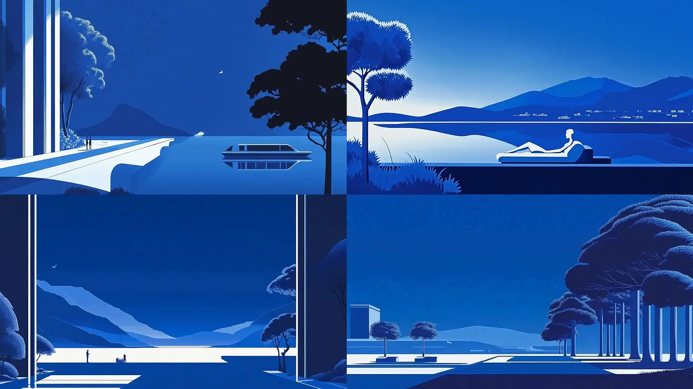 Tranquility in Monochromatic Blues: A Homage to Moonlit Serenity - Midjourney sref style
