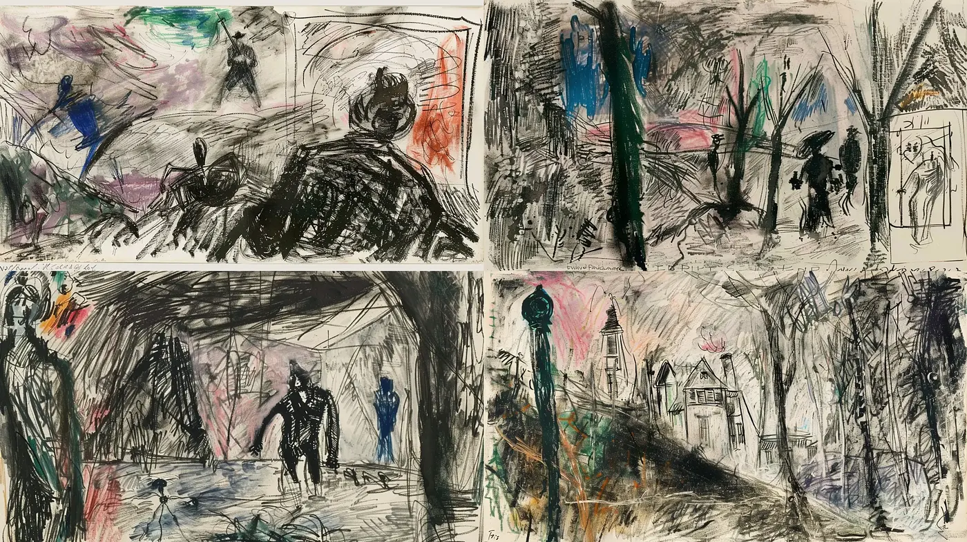 Abstract Expressionist Sketches with Dynamic Brushstrokes and Raw Energy - Midjourney sref style