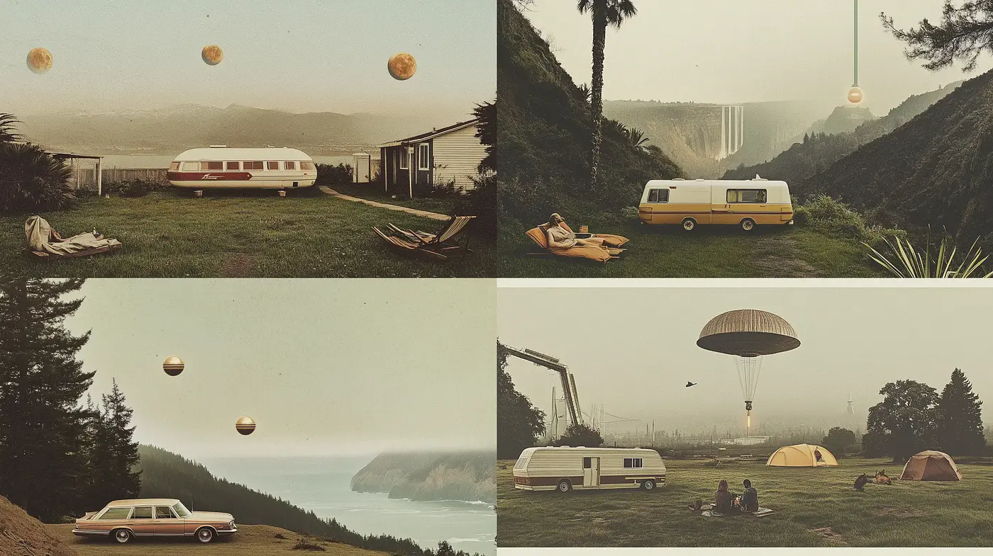 Retrofuturistic Reverie: A Vintage Dreamscape with Surrealist Overtones - Midjourney sref style