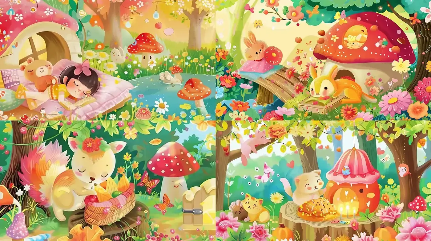 Whimsical and Lush Fantasy Landscape with Playful Creatures - Midjourney sref style