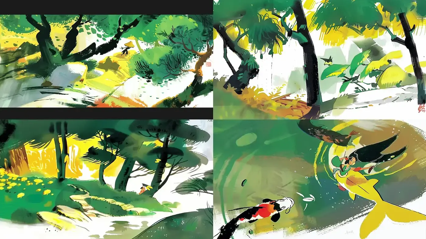 Vibrant and Lush Illustrative Landscapes with a Playful Spirit - Midjourney sref style