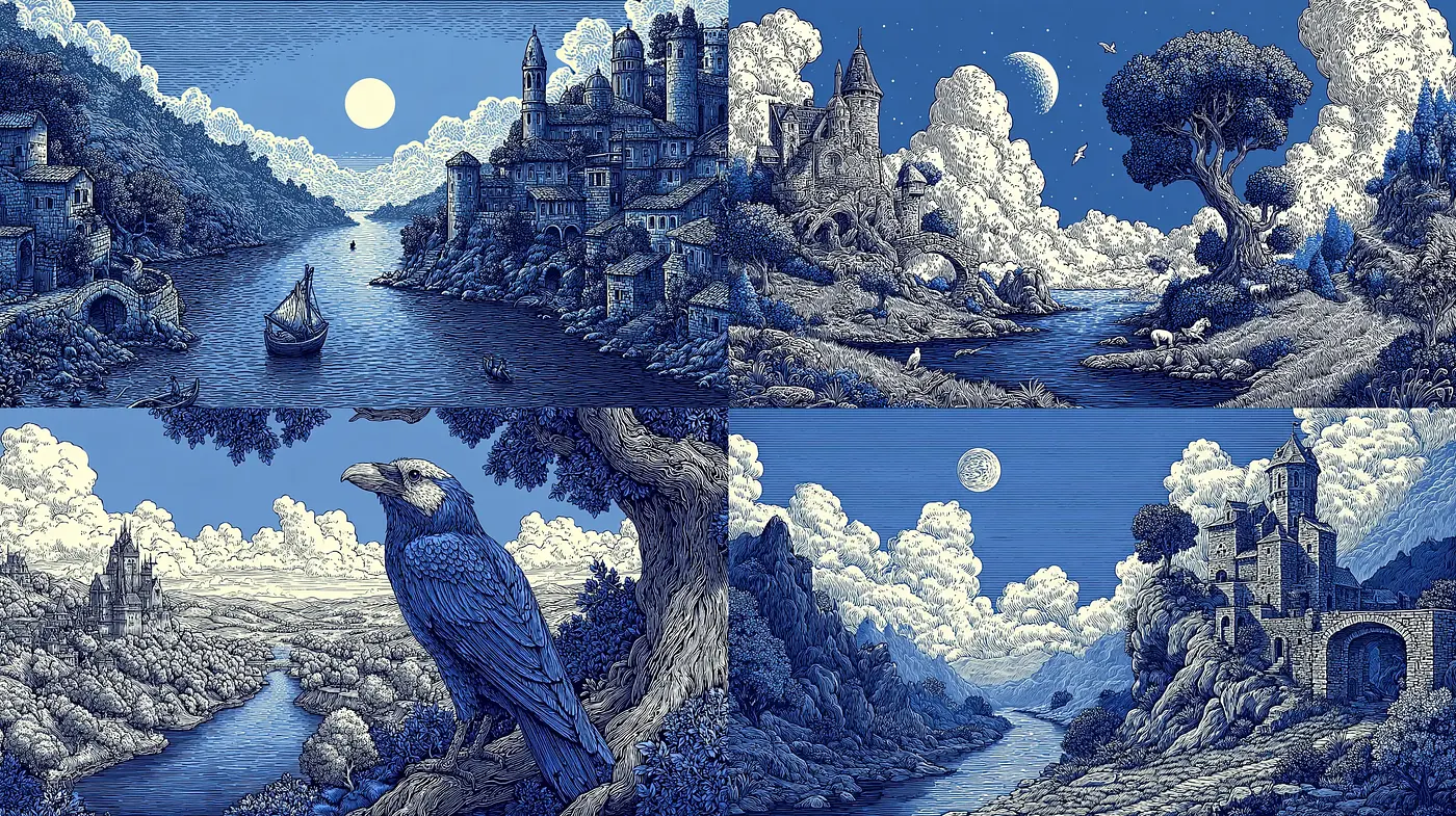 Dreamy Architectural Landscapes in a Monochromatic Blue Palette - Midjourney sref style