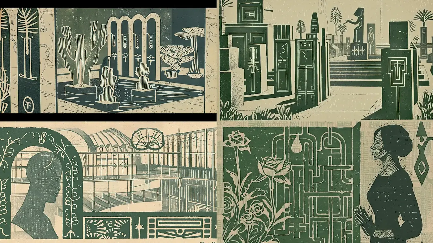 Art Deco-inspired Modernist Illustrations with a Textured Vintage Feel - Midjourney sref style