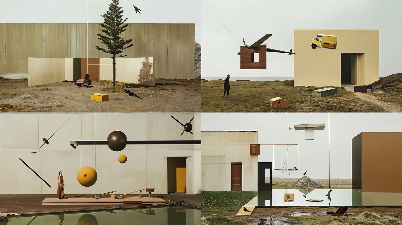 Surreal Architectural Harmony with a Retro-Futuristic Undertone - Midjourney sref style