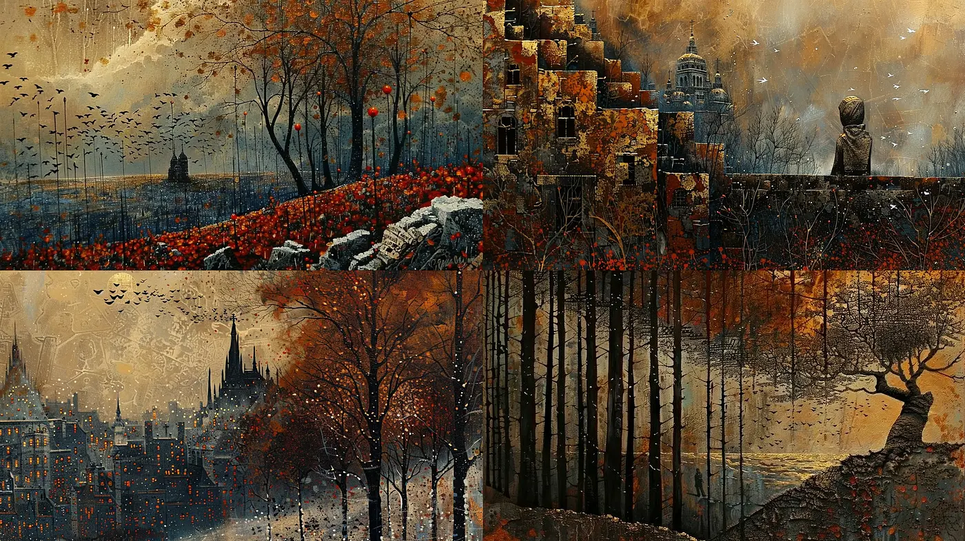 Autumnal Hues within Surreal Dreamscapes: A Meld of Nostalgia and Mystique - Midjourney sref style