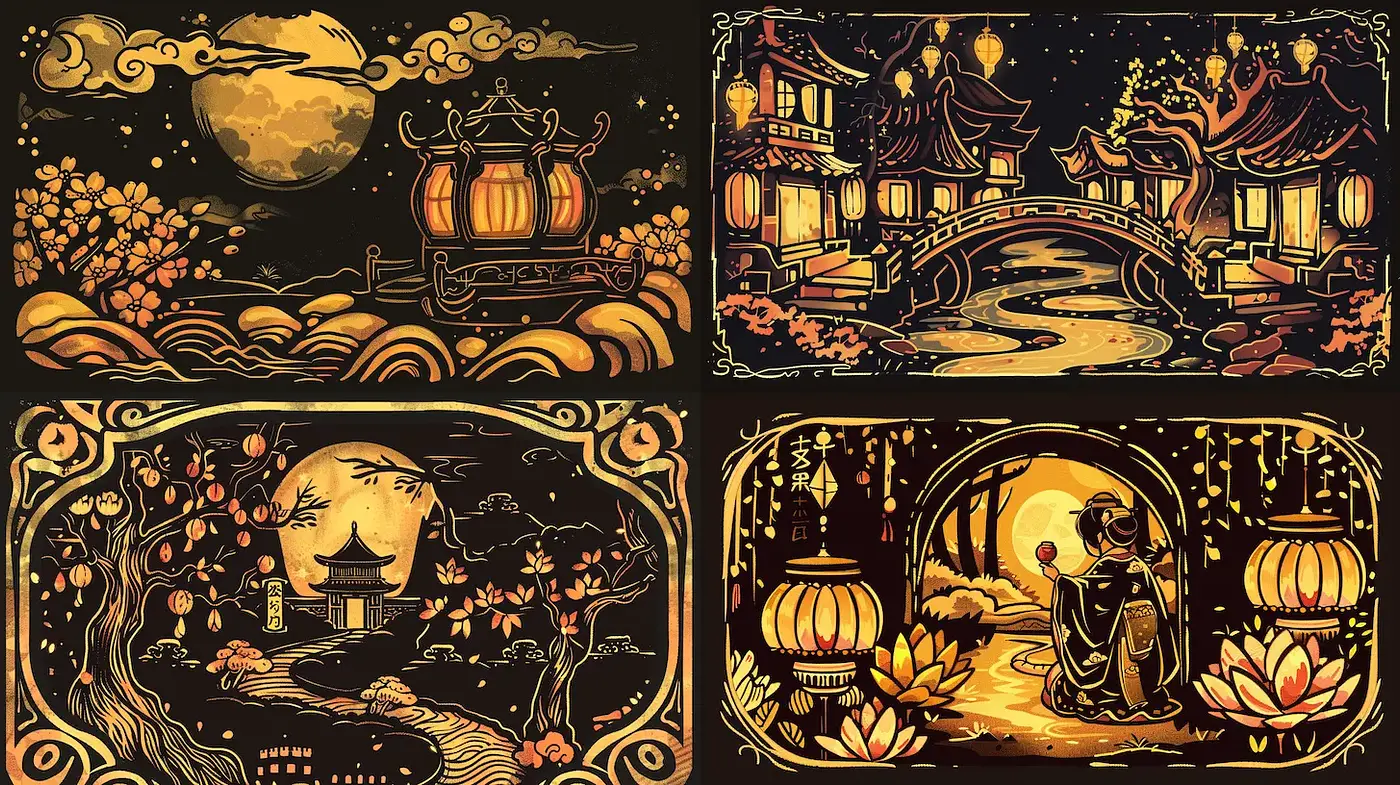 Enchanting Traditional Asian Night Scenes with a Mystical Glow - Midjourney sref style