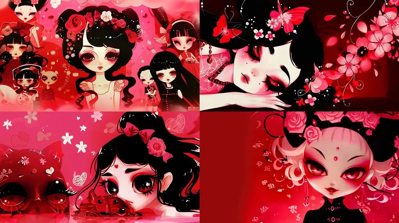 Crimson Fantasy: An Exploration of Dark Whimsy in a Monochromatic Palette - Midjourney sref style