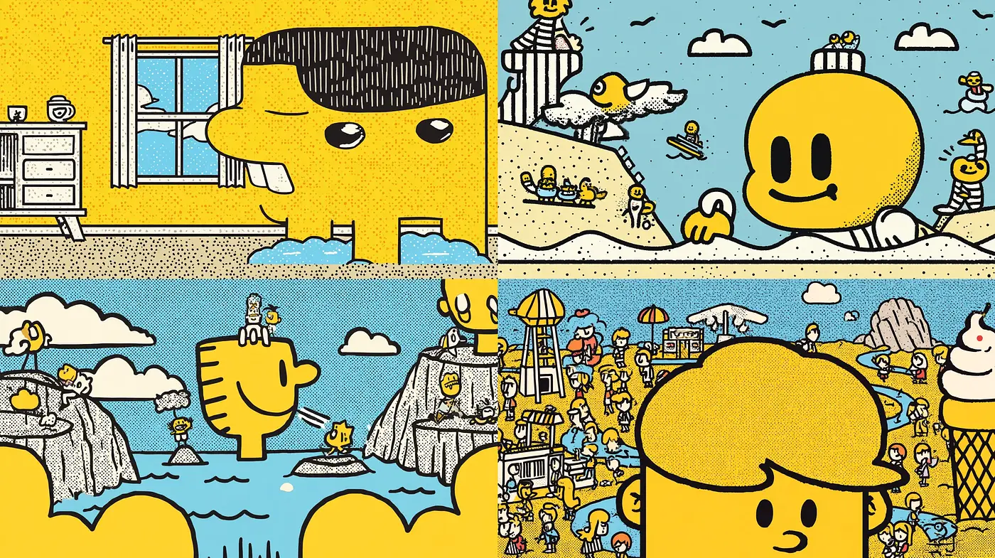 Whimsical and Playful Illustrations with Bright Colors and Bold Outlines - Midjourney sref style