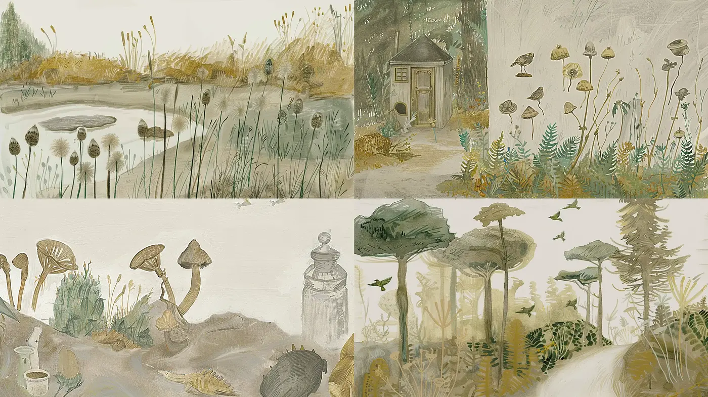 Serene Watercolor Dreamscape with Earthy Tones and Soft Textures - Midjourney sref style