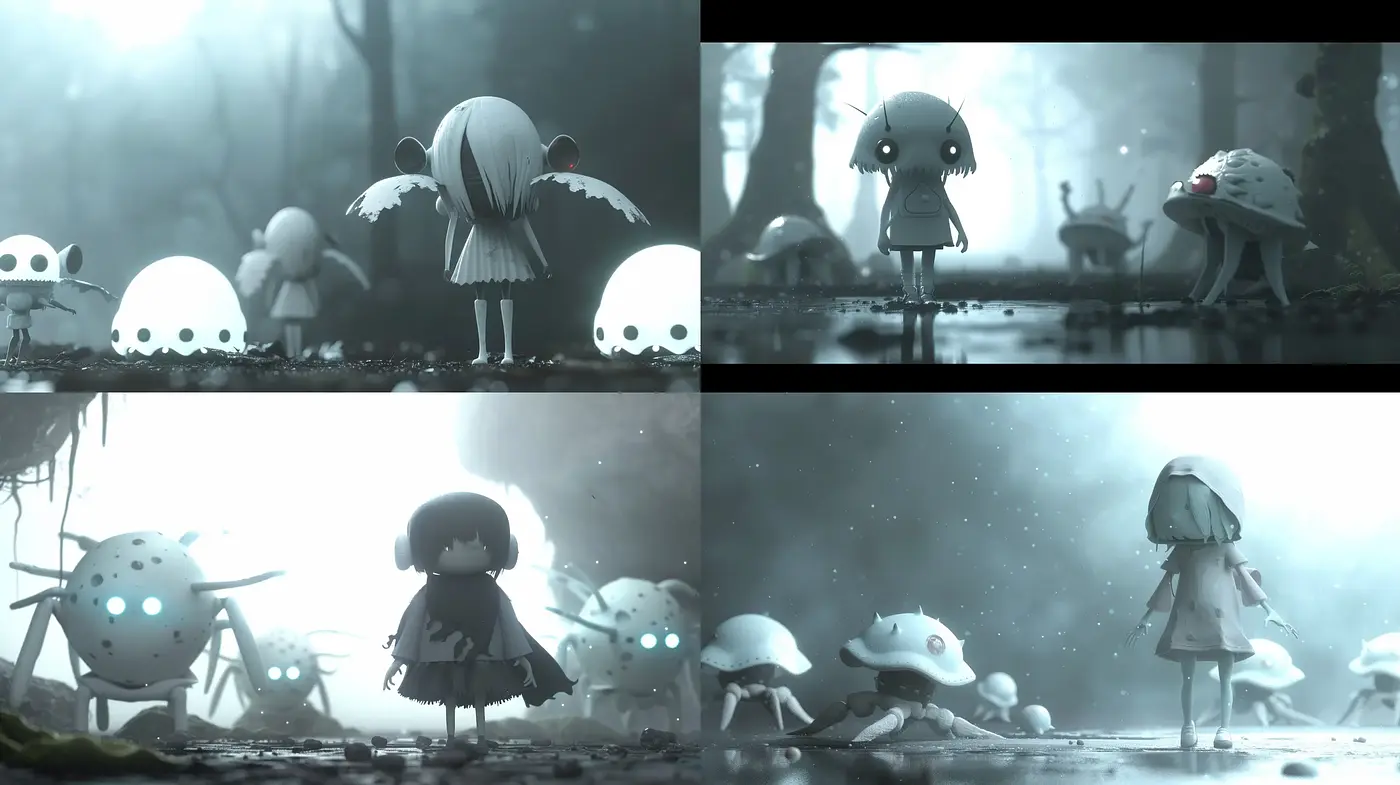 Ethereal Monochrome Dreamscape in Tim Burton-esque Animation Style - Midjourney sref style