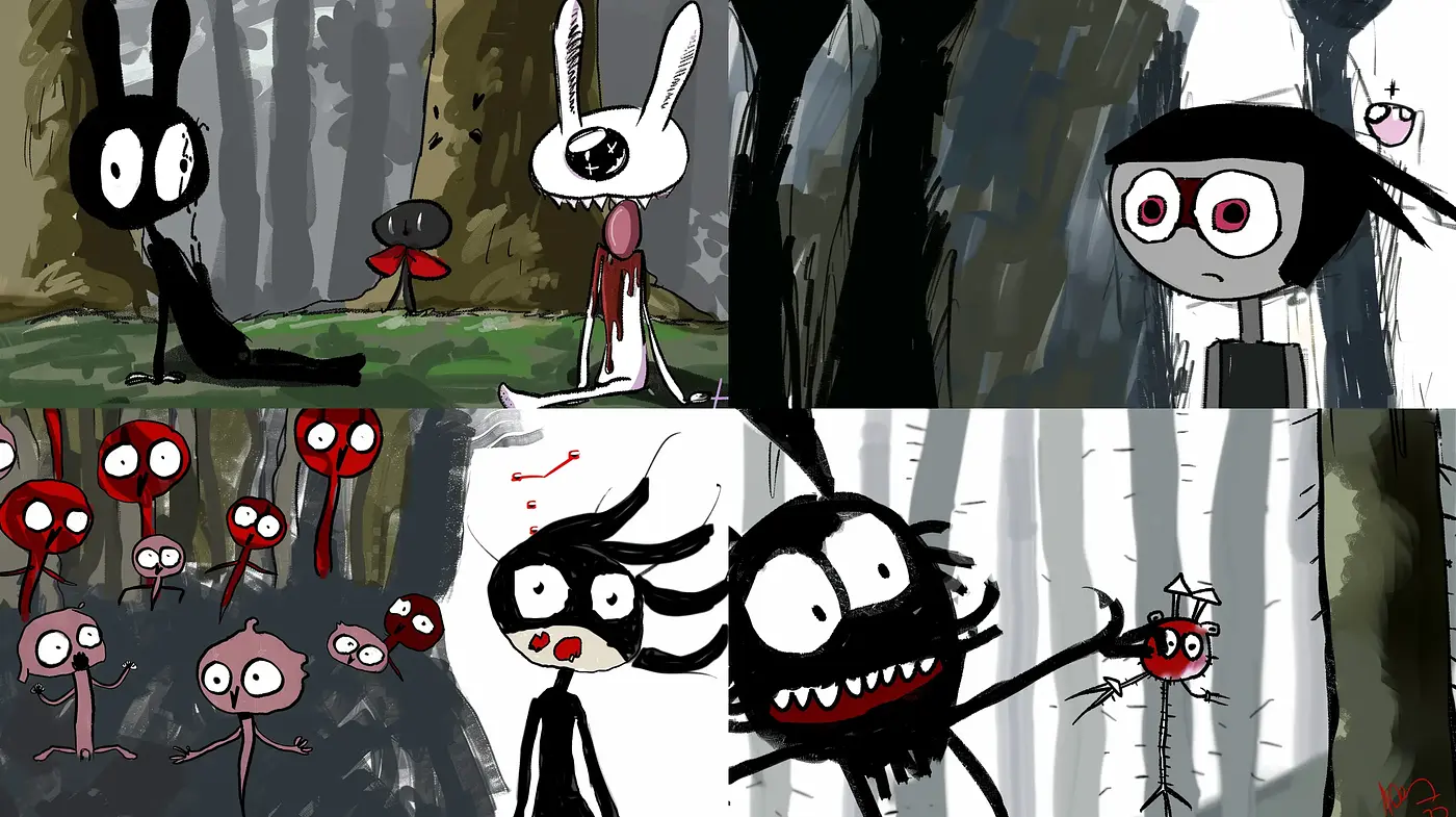 Dark Whimsical Forest - A Fusion of Surreal and Cartoonish Nightmare - Midjourney sref style