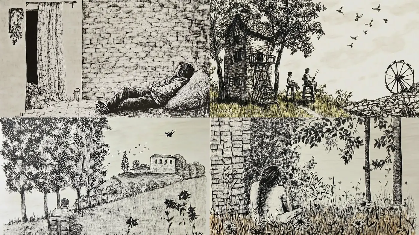 Idyllic Monochrome Vignettes: A Homage to Classic Pen-and-Ink Illustrations - Midjourney sref style