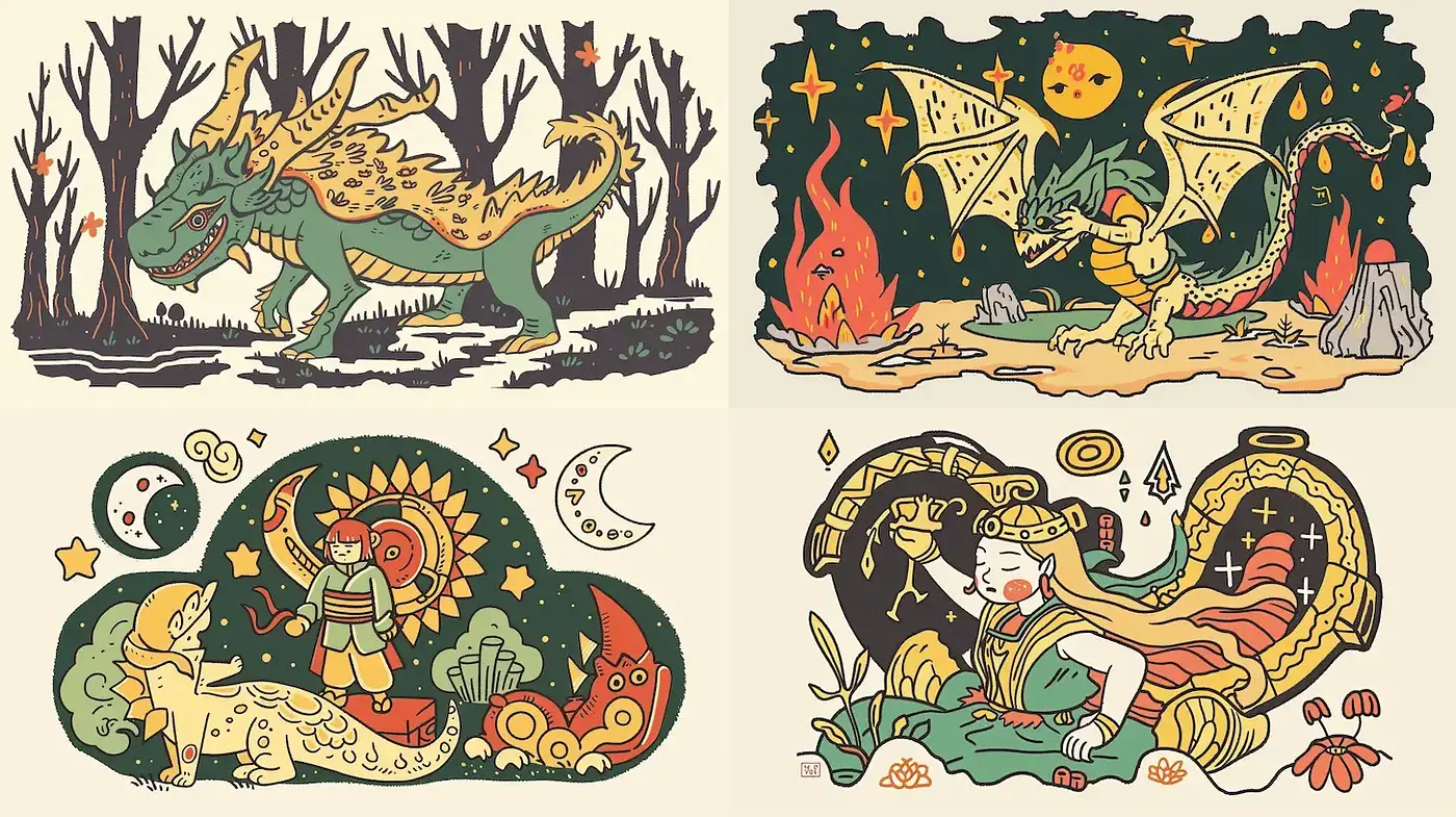 Mythical Creatures in Stylized Folklore Illustration - Midjourney sref style