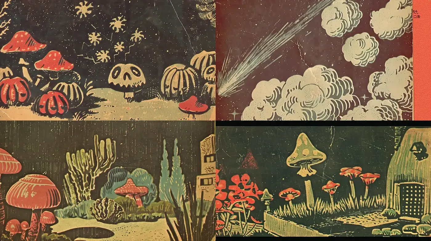 Whimsical Retro Fantasy Inspired by Mid-Century Illustrations - Midjourney sref style