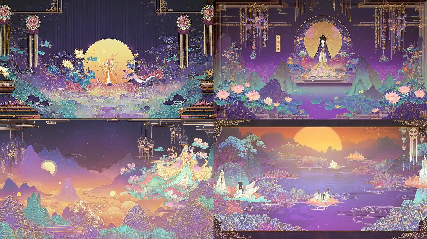 Whimsical Traditional Fantasy with Ethereal Landscape Elements - Midjourney sref style