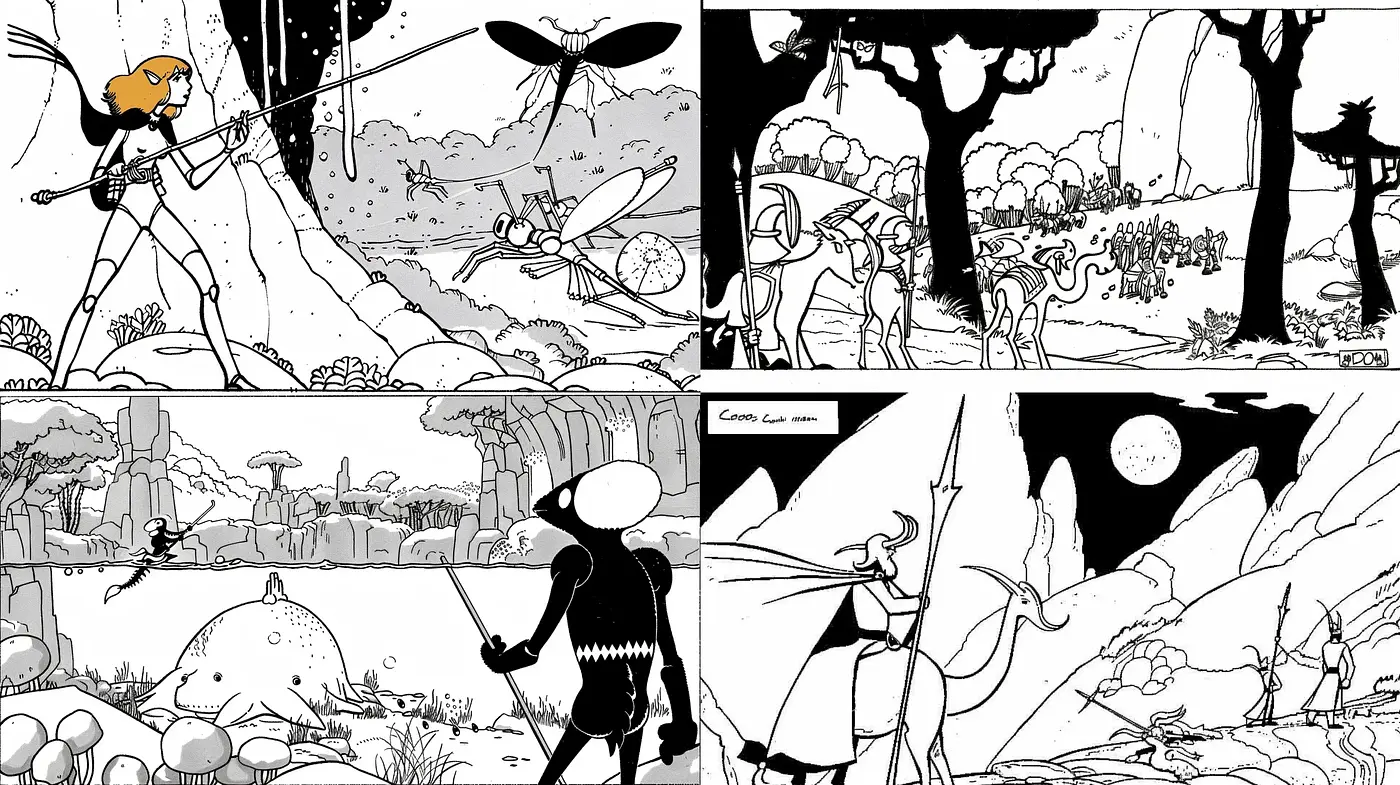 Monochromatic Fantasy Worlds Illustration Collection - Midjourney sref style