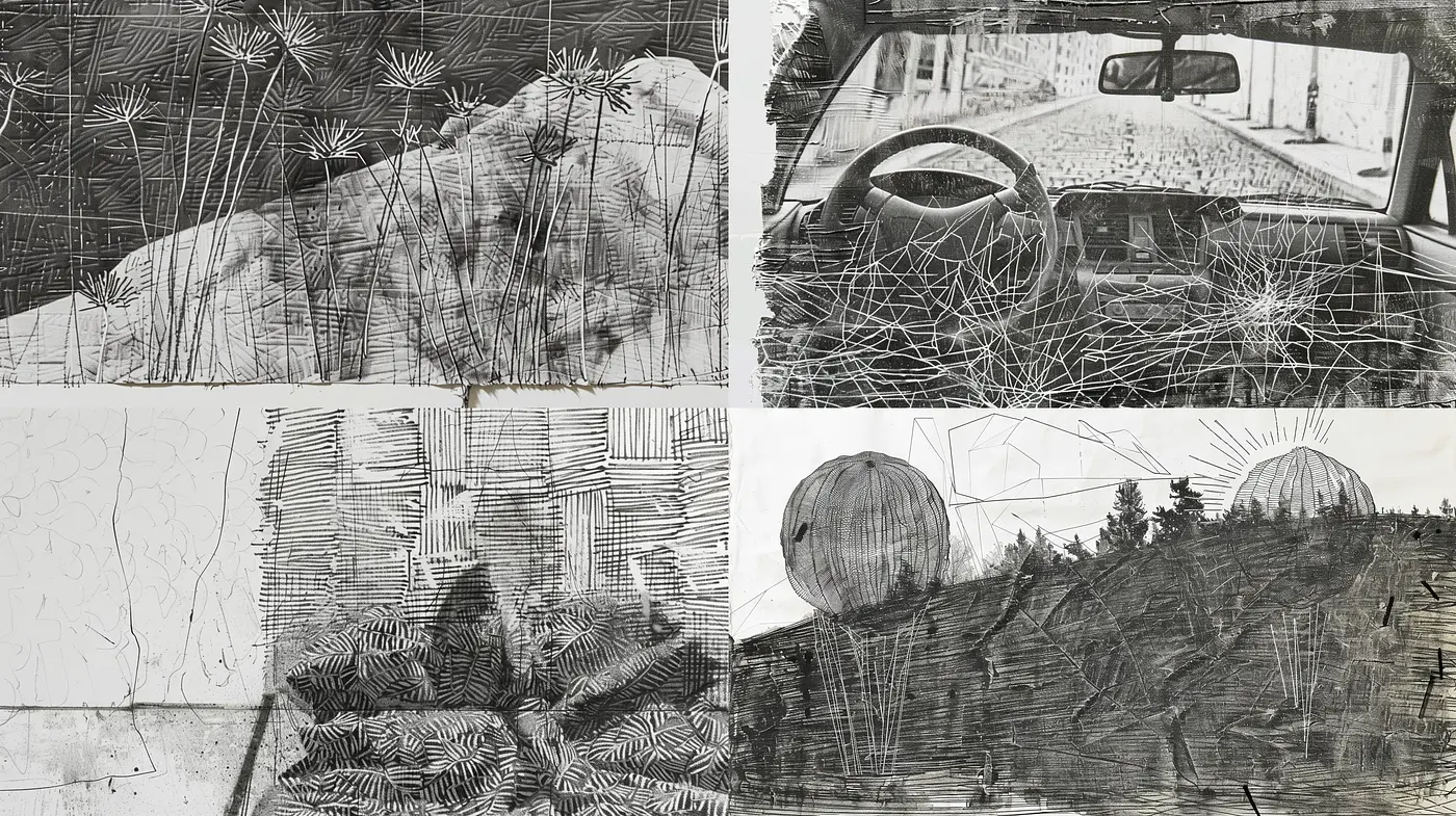 Monochrome Etched Memories in Linear Abstraction - Midjourney sref style