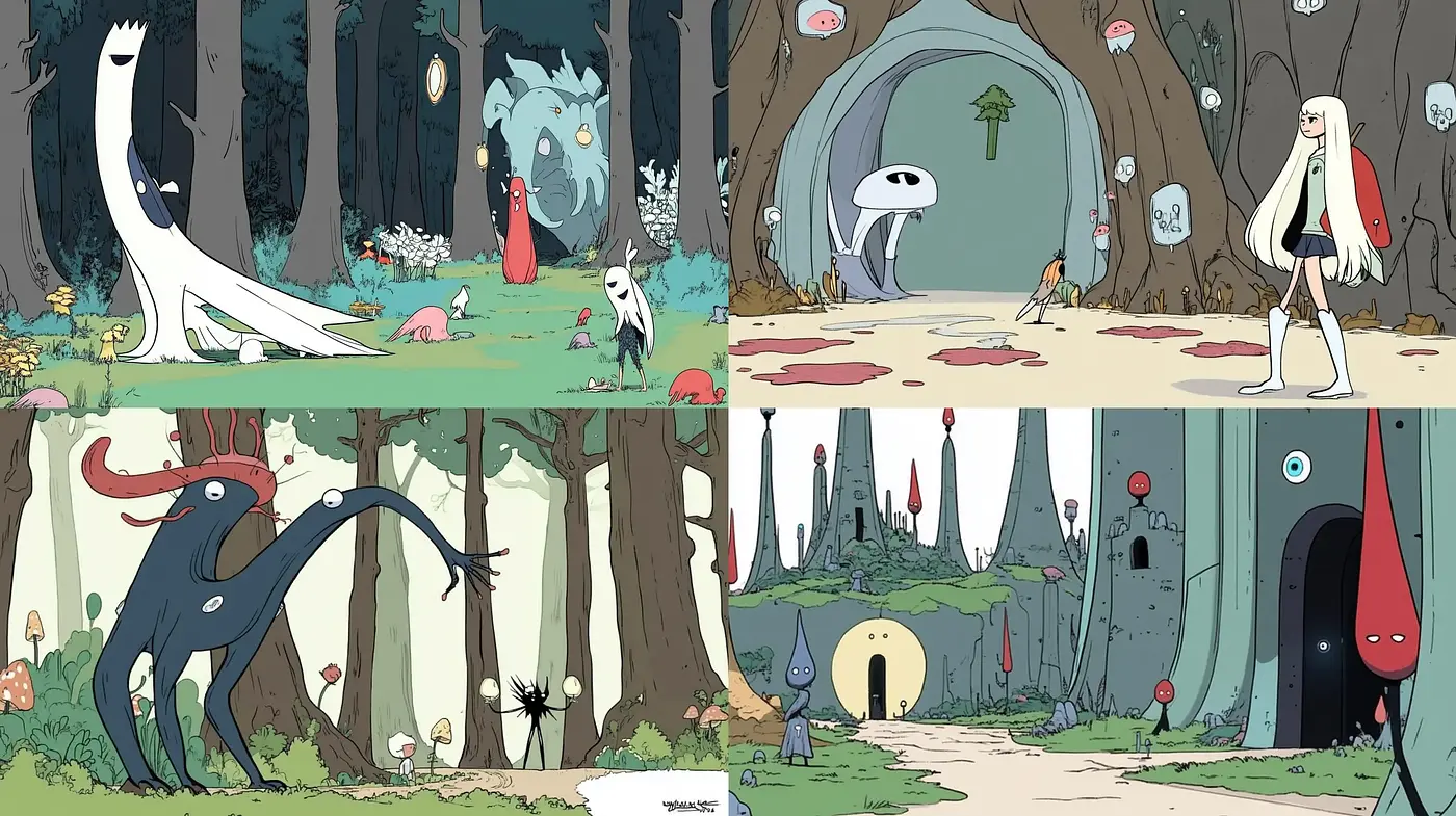 Whimsical Forest Narratives: A Fusion of Cartoon Modern Style with Surrealistic Overtones - Midjourney sref style