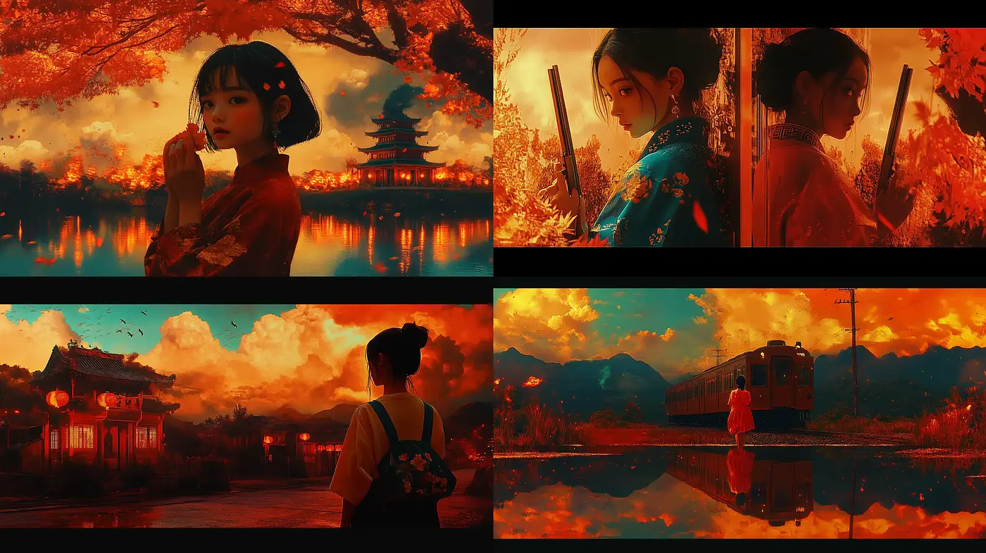 Duskfire Dreamscape: A Blend of Cinematic Warmth and Surreal Sunset Imagery - Midjourney sref style