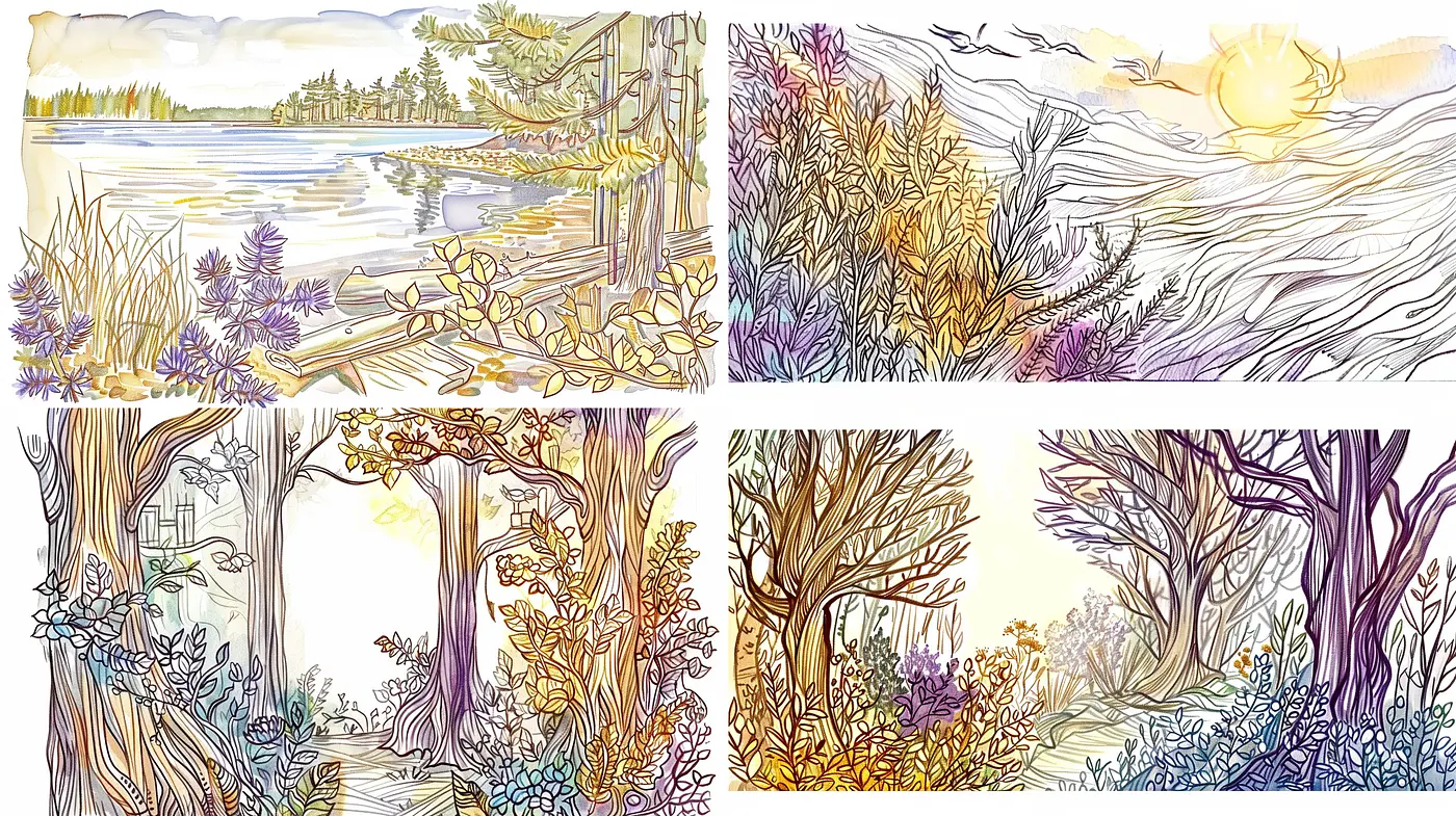 Whimsical Nature's Hues: A Consistent Watercolor Fantasy Across Four Scenes - Midjourney sref style